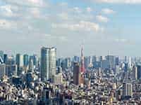 渋谷スクランブルスクエアの展望台から望む東京の街並み。高層ビル群の奥に東京タワーが見える。